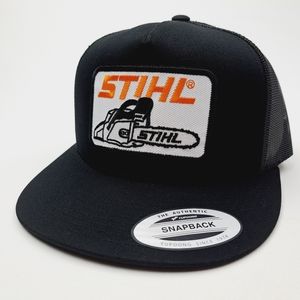 Stihl Embroidered Patch Flat Bill Trucker Mesh Snapback Hat Cap Black